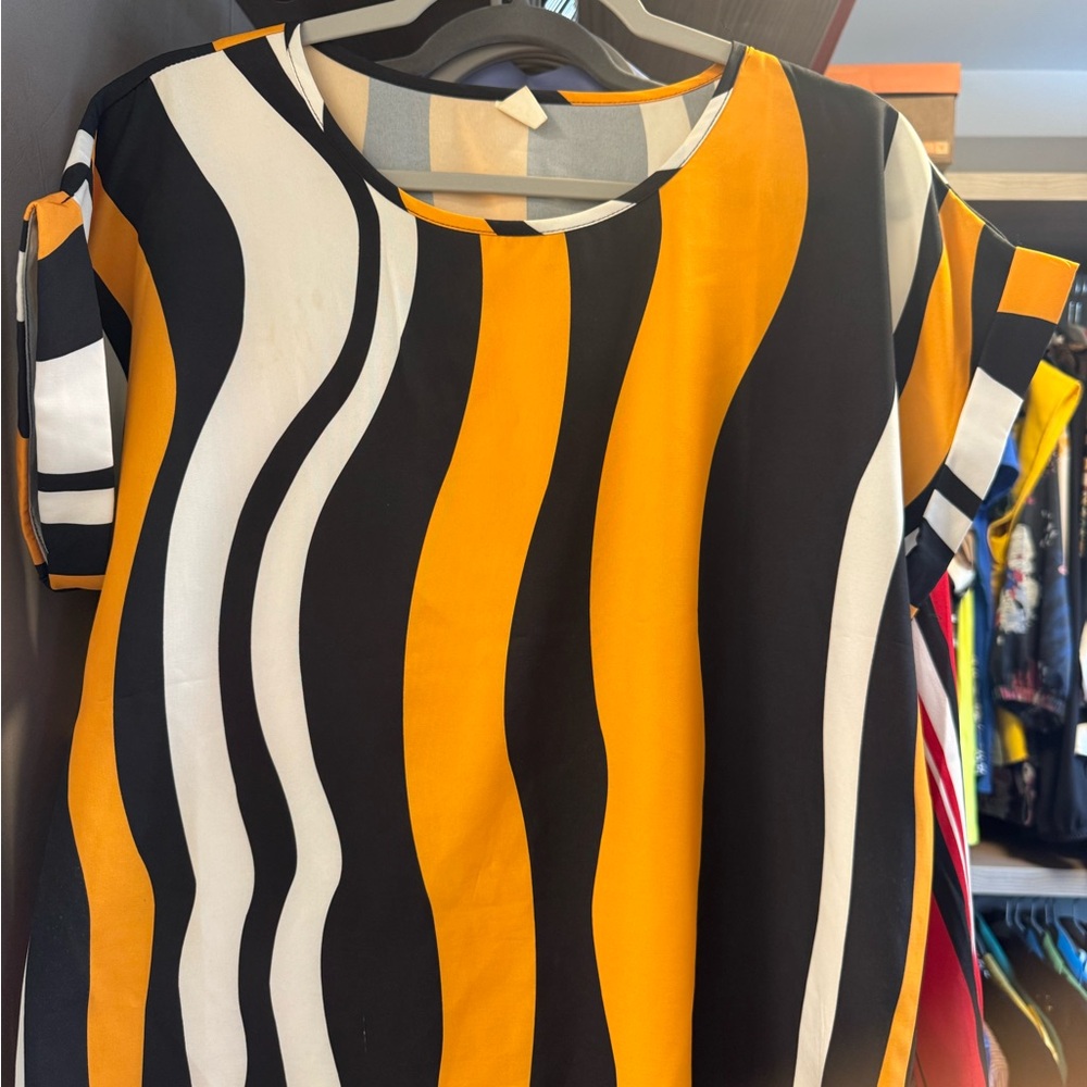 Striped Black, White, and Orange Women's Top